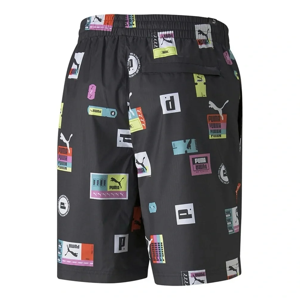 PUMA Men's Multi All Over Logo Sportswear Active Performance Gym Black Shorts - Picture 8 of 13